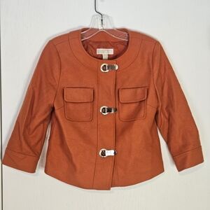 Michael Kors Boxy Cropped Orange Jacket with Gold Clasp Closure